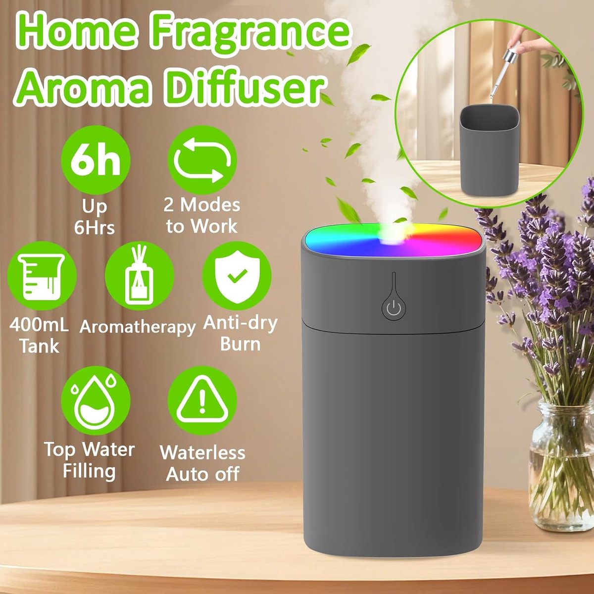 Mini Luchtbevochtiger-Aroma Diffuser-400ML-Luchtbevochtiger Slaapkamer-Stil-USB-Humidifier-Nachtlampje-Planten & Bureau — cadeau in Wonen & Interieur - foto 4