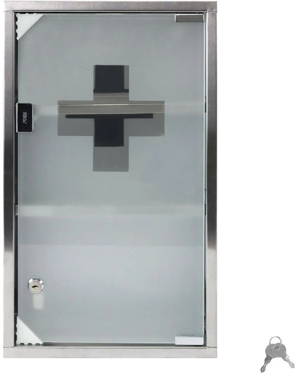 Aufun Roestvrij Stalen MedicijnkastMedicijnkastjes 30x12x50cm - Apothekerskast met 3 Compartimenten voor Thuis- Matglazen Deur - Afsluitbaar - Zilver