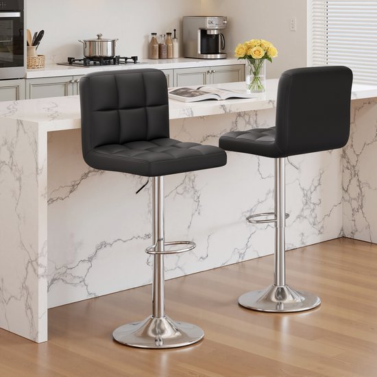 Ensemble de 2 tabourets de bar – Réglable en hauteur & pivotant – Tabouret de bar avec dossier – Similicuir – Met Voetensteun – Tabourets de bar de cuisine – Zwart