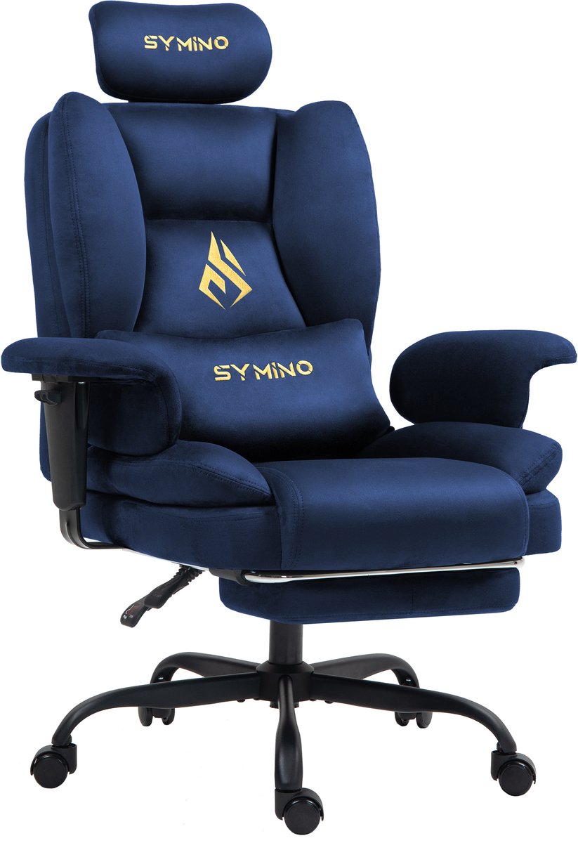 Symino sofa Gamingstoel - Directiestoel - Ergonomische bureaustoel met imitatiebont - Met voetensteun - In hoogte verstelbaar - Computerstoel - Draagvermogen 130 kg - Donkerblauw