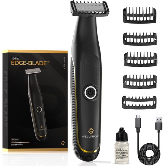 Zwarte Wellshave Edge Blade baardtrimmer met gouden accenten, accessoires en verpakking.