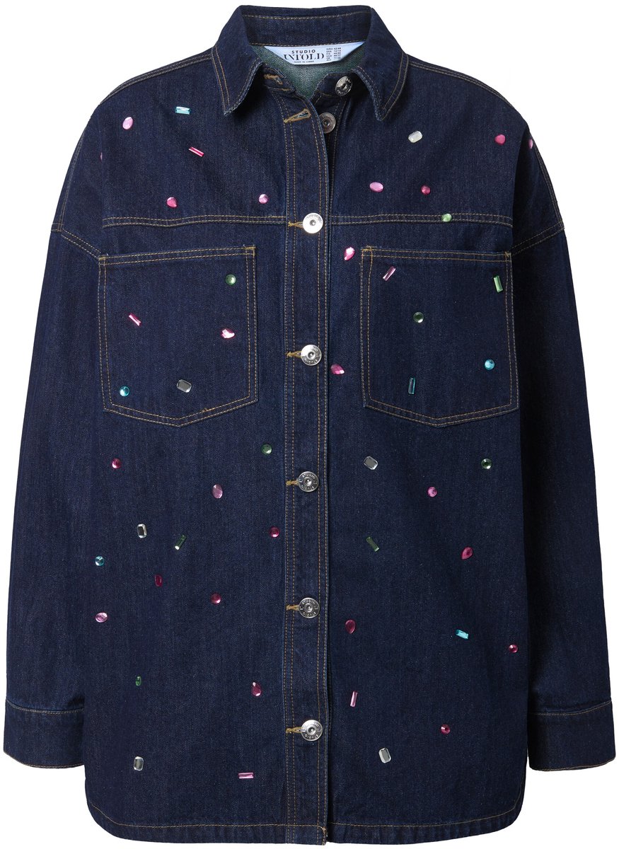 Studio Untold - Dames - Denim overhemd oversized model glittersteentjes - Donkerblauw denim - Maat 58+