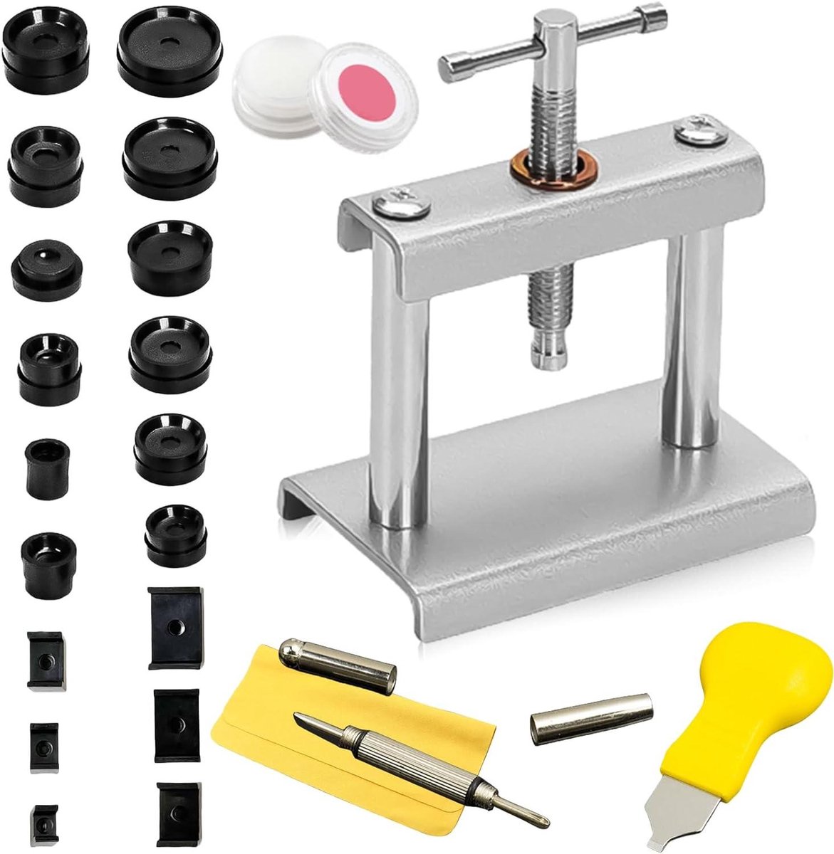 Horlogegereedschapset - Reparatiegereedschap - Horlogepers - Inpersgereedschap - 23-delig - Geschikt voor horloges - Behuizingssluiter - Kunststof inzetstukken - Horlogereparatie - Horlogepersset - Horlogedekselpers - 18 drukplaten