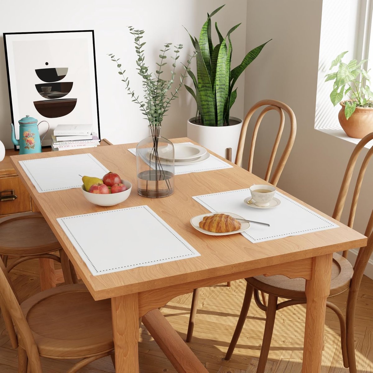 Candala -Placemats Set van 4 | Katoen Hemgestikt -| Wit | Rechthoekig 48,3 cm x 33 cm - Eettafel Mat | Voor Eettafel Herfst Decoratie, Vakantie & Kerstfestivals - Machine Wasbaar