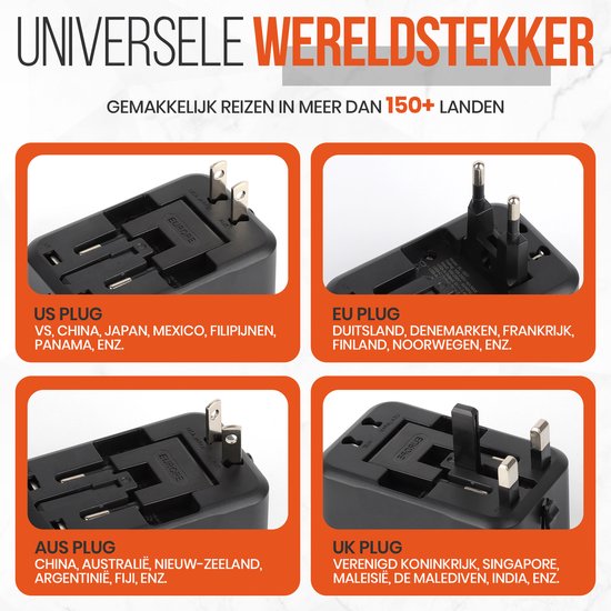 RYNEX Universele Wereldstekker- Reisstekker - USB stekker - USB-C en USB Poort - Wereldstekker Universeel voor 150+ landens - Zwart