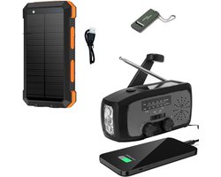 Noodradio Solar Opwindbaar en Batterij - Noodpakket - Draagbare Survival Radio - Inclusief 10.000 mAh Solar Powerbank en Noodfluit - Powerbank Zonneenergie - Bouwradio - Zaklamp - Zwart Grijs