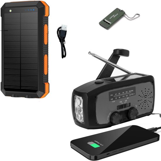 Noodradio Solar Opwindbaar en Batterij - Noodpakket - Draagbare Survival Radio - Inclusief 10.000 mAh Solar Powerbank en Noodfluit - Powerbank Zonneenergie - Bouwradio - Zaklamp - Zwart Grijs