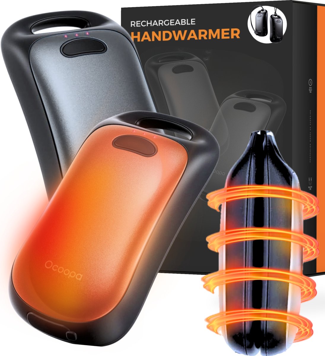 Ocoopa Herbruikbare Handwarmers – Tweedelig Magnetisch Ergonomisch Ontwerp - 2*4-8 uur Warmte – 3 Warmteniveaus (37-52C°) – 6.000 mAh (2*3.000) – Maximale gebruiksduur