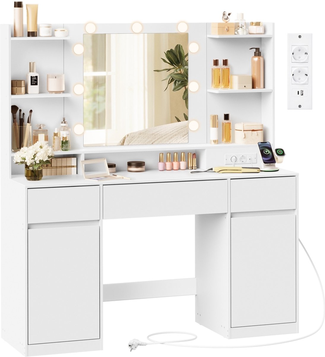 Kaptafel met spiegel en ledverlichting - 40 x 107 x 144 cm - Wolkenwit
