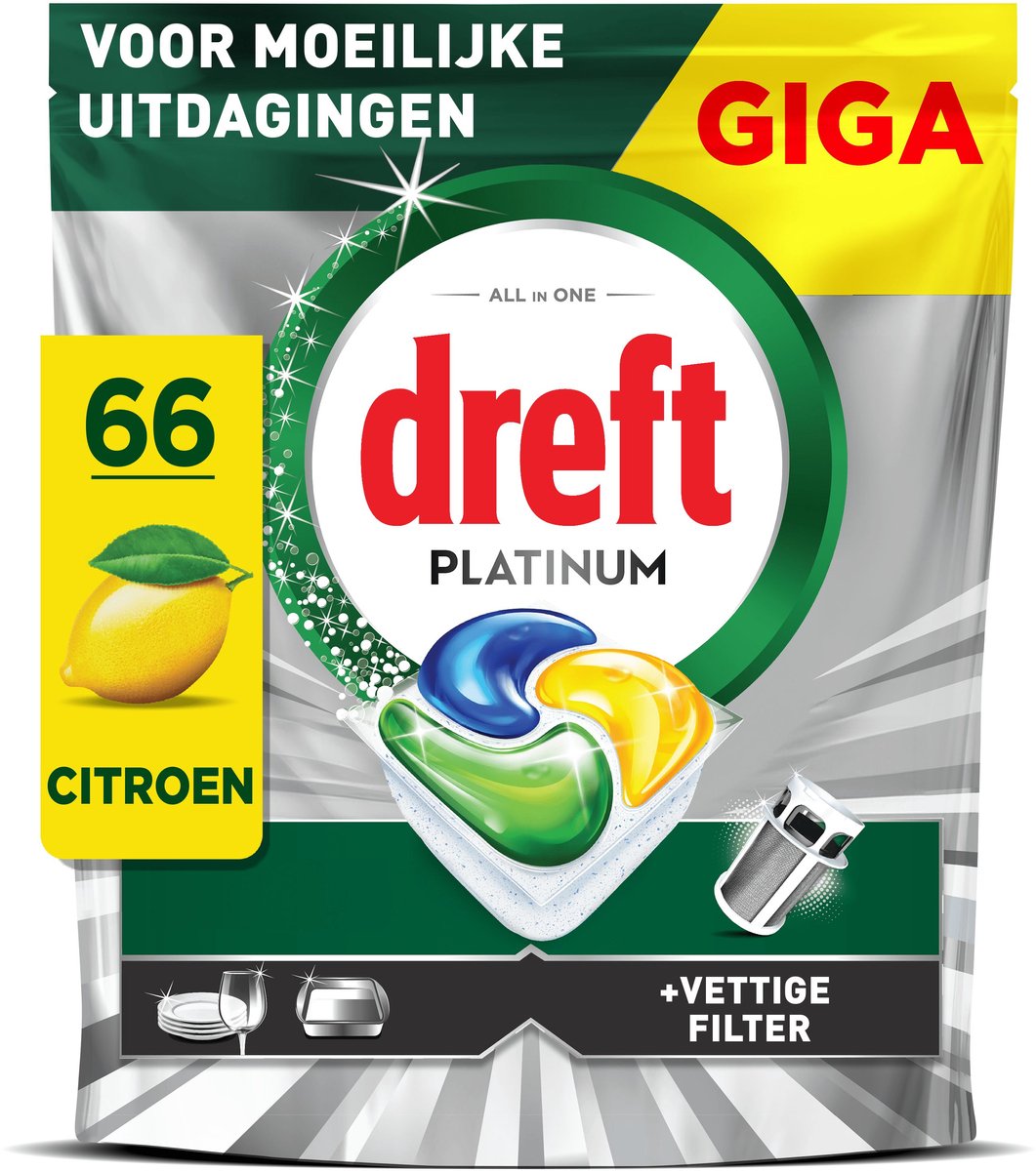 Dreft Platinum Vaatwastabletten Citroen - Moeilijke Uitdagingen - Vettig Filter - 4 x 66 stuks — afbeelding 2