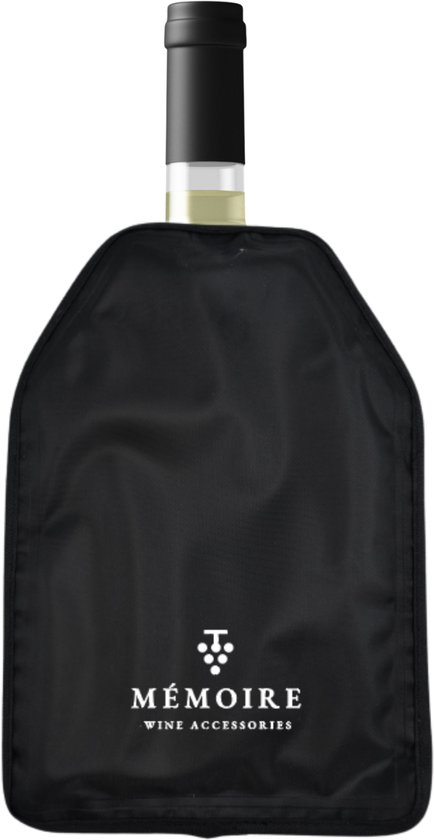 Zwarte wijnkoeler met "MÉMOIRE WINE ACCESSORIES" logo en een witte wijnfles.