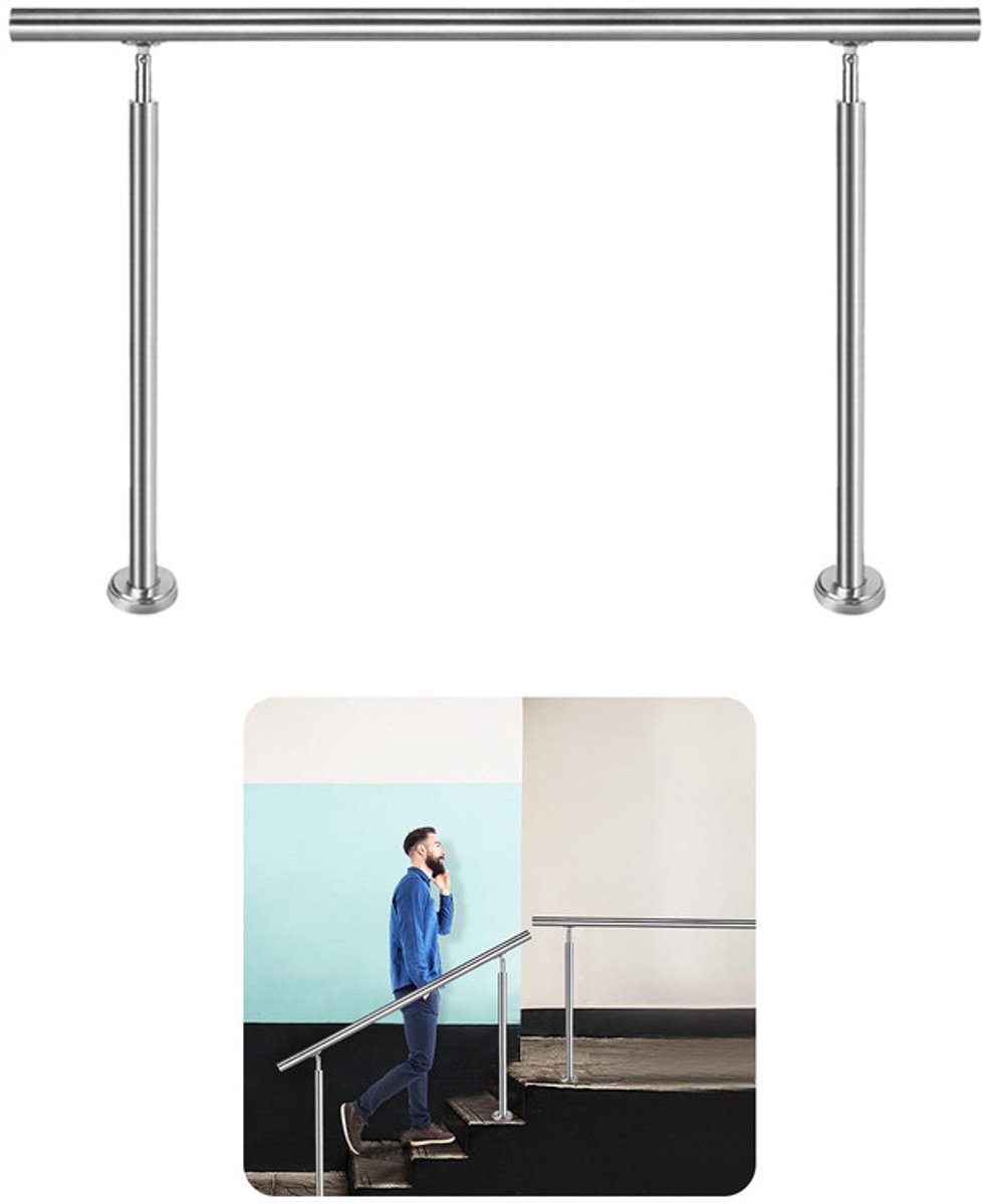 Aufun Roestvrijstalen Trapleuning-150 Cm-0 Dwarsbalken-Met 2 Staanders-Voor Trappen Balustrades Balkons