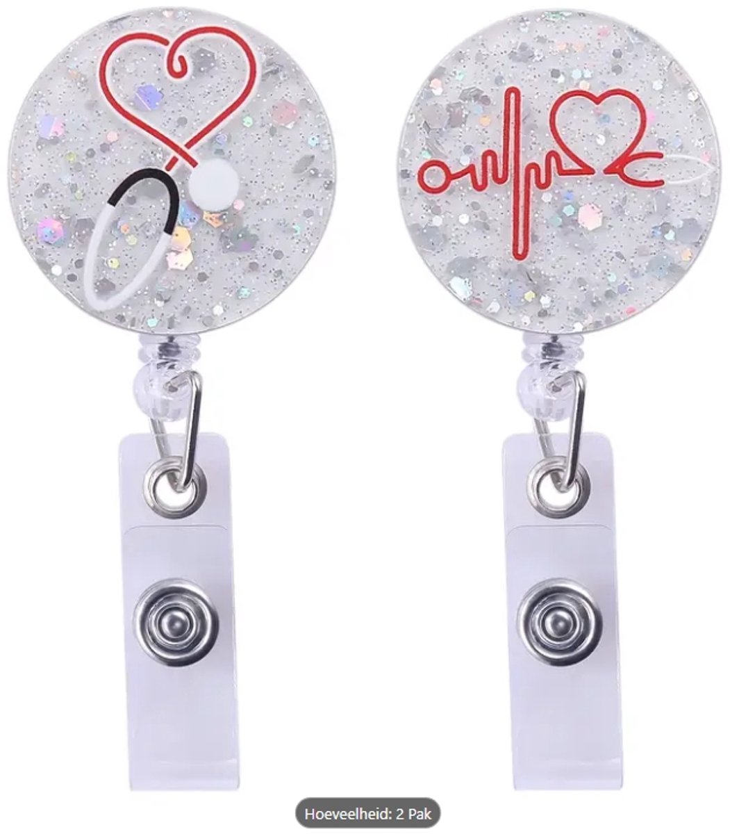Mj Joys® - Badgehouder met trekkoord - 2-delige Set - Uitschuifbare Badgehouders met Clip - Badgehouder met afrolmechanisme - Badgehouder met trekkoord - Badge Houder - Badge - Badge houder verpleegkundige - Hart met Glitter