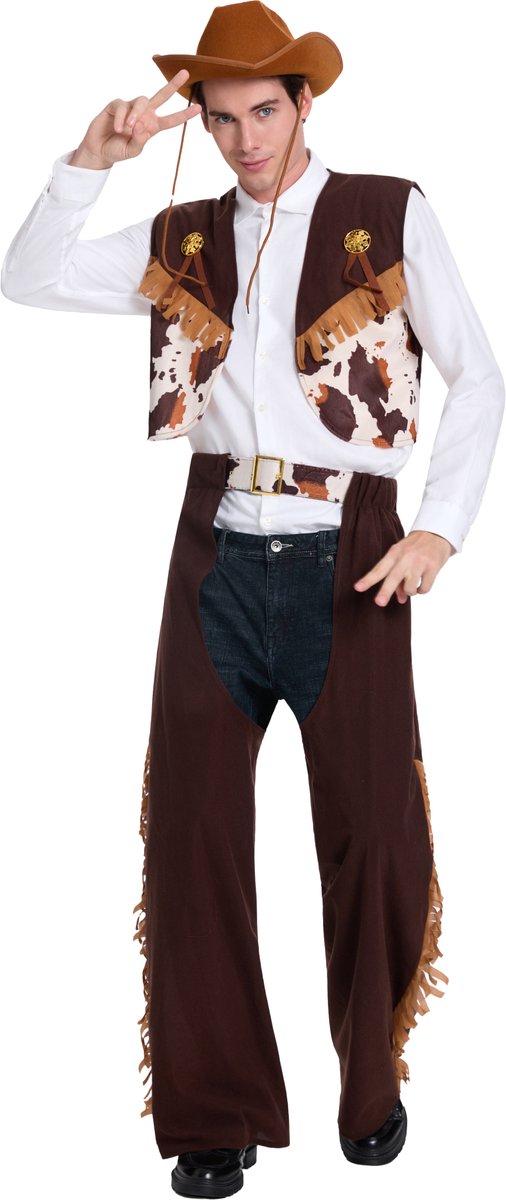 Joya Party® Cowboy Verkleedset Heren | Cowboykostuum | Verkleed Kostuum Mannen | Western Outfit met Koeienprint Vest & Chaps | Carnaval & Themafeest Verkleedpak | Verkleedkleding Man | Maat L/XL