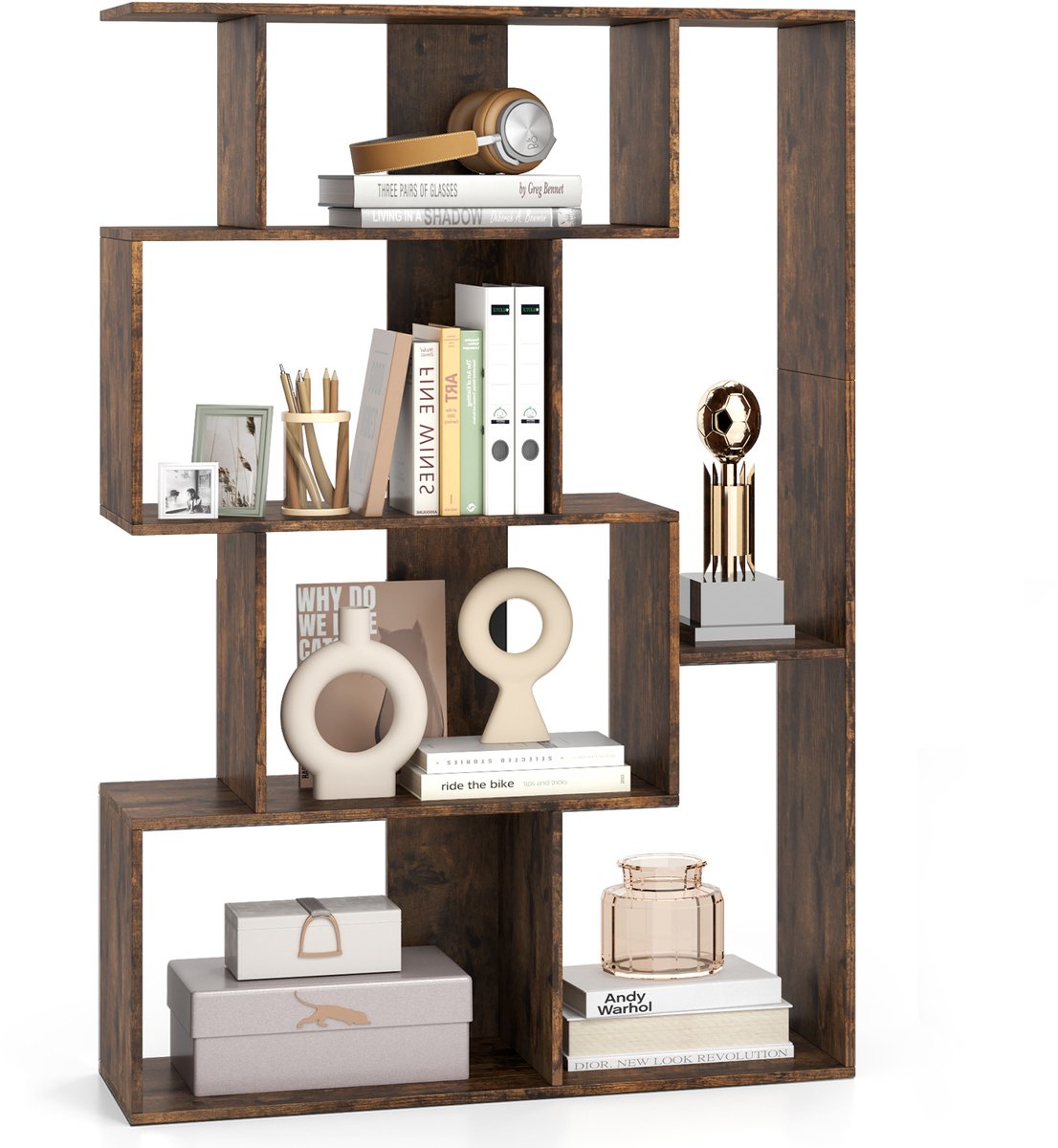 Costway Geometrische boekenkast, houten rek met 6 kubussen met kantelbeveiligingen, ruimteverdeler, vrijstaand, display 80 x 30 x 119 cm, staand rek voor slaapkamer, woonkamer (bruin)
