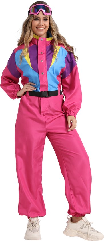 Foto: Joya party retro skipak hard roze dames vintage ski pak carnaval carnavalskleding verkleedkleren vrouw jaren 80 90 verkleedpak volwassenen foute skipakken compleet met skibril riem warm verkleedkleding vrouw hardroze maat l xl