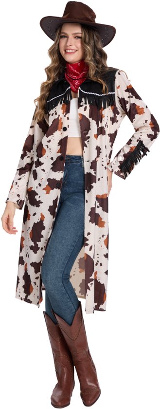Ensemble de Déguisement Cowgirl Femme Joya Party® | Veste Western avec Imprimé Vache & Franges | Foulard Cowboy Rouge Inclus | Tenue de Cowgirl Carnaval | Costume Chaud Femme | Taille L/XL