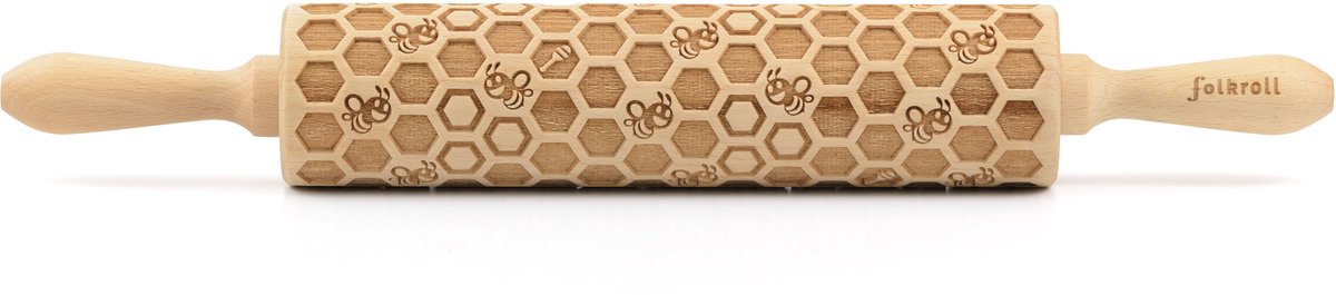 Folkroll deegroller, honingraat, groot, 43 cm, deegroller, embossingroller, patroon, motief, rol, beukenhout, 330357