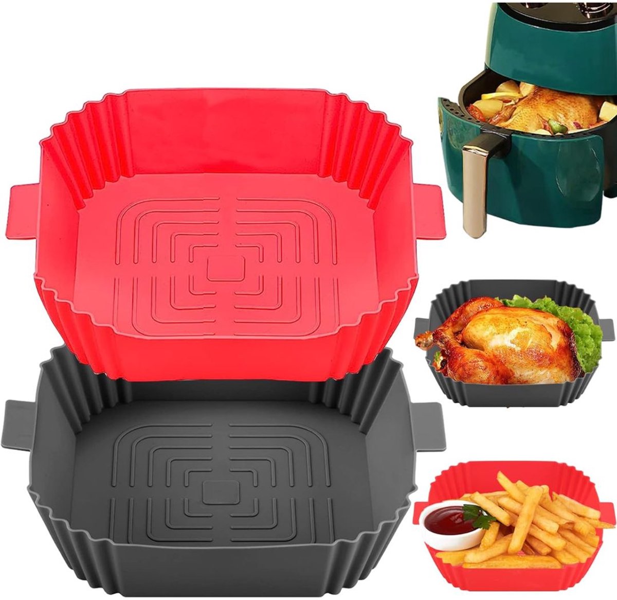 Airfryer Accessoires - Siliconen Bakje - Bakpapier - Zwart en Rood