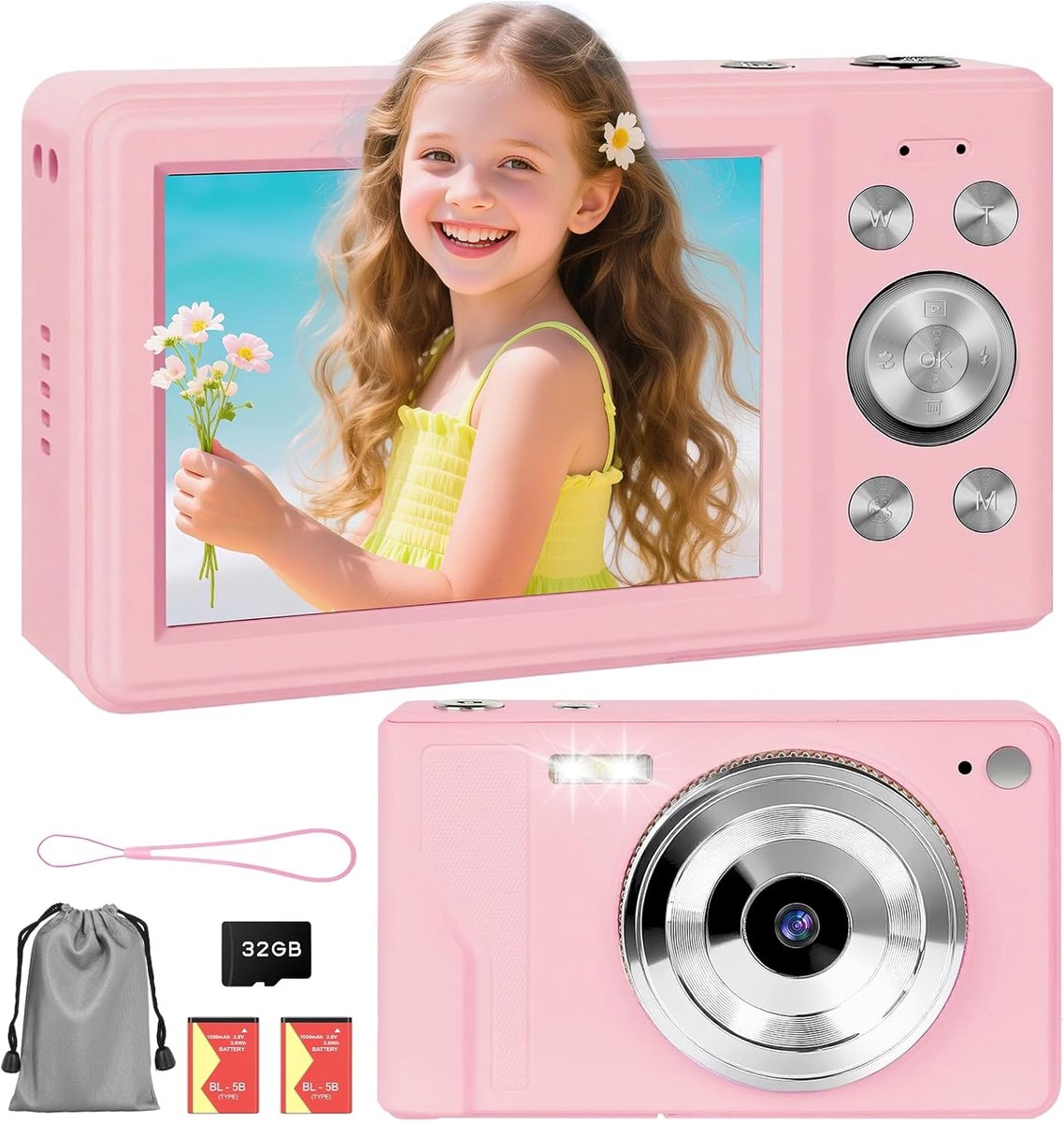 Digitale Camera 56MP - 1080P FHD Fotokamera - Autofocus - 16X Digitale Zoom - Compacte en Draagbare Camera - 2.8 Inch LCD Scherm - Inclusief 32GB SD Kaart en 2 Accu’s - Roze