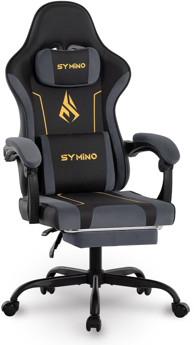 Symino Gamingstoel met latex rugleuning en zitkussen, ergonomische bureaustoel, racestoeldesign, pc-stoel, verstelbare draaibare bureaustoel met voetensteun, draagvermogen 130 kg, zwart/grijs