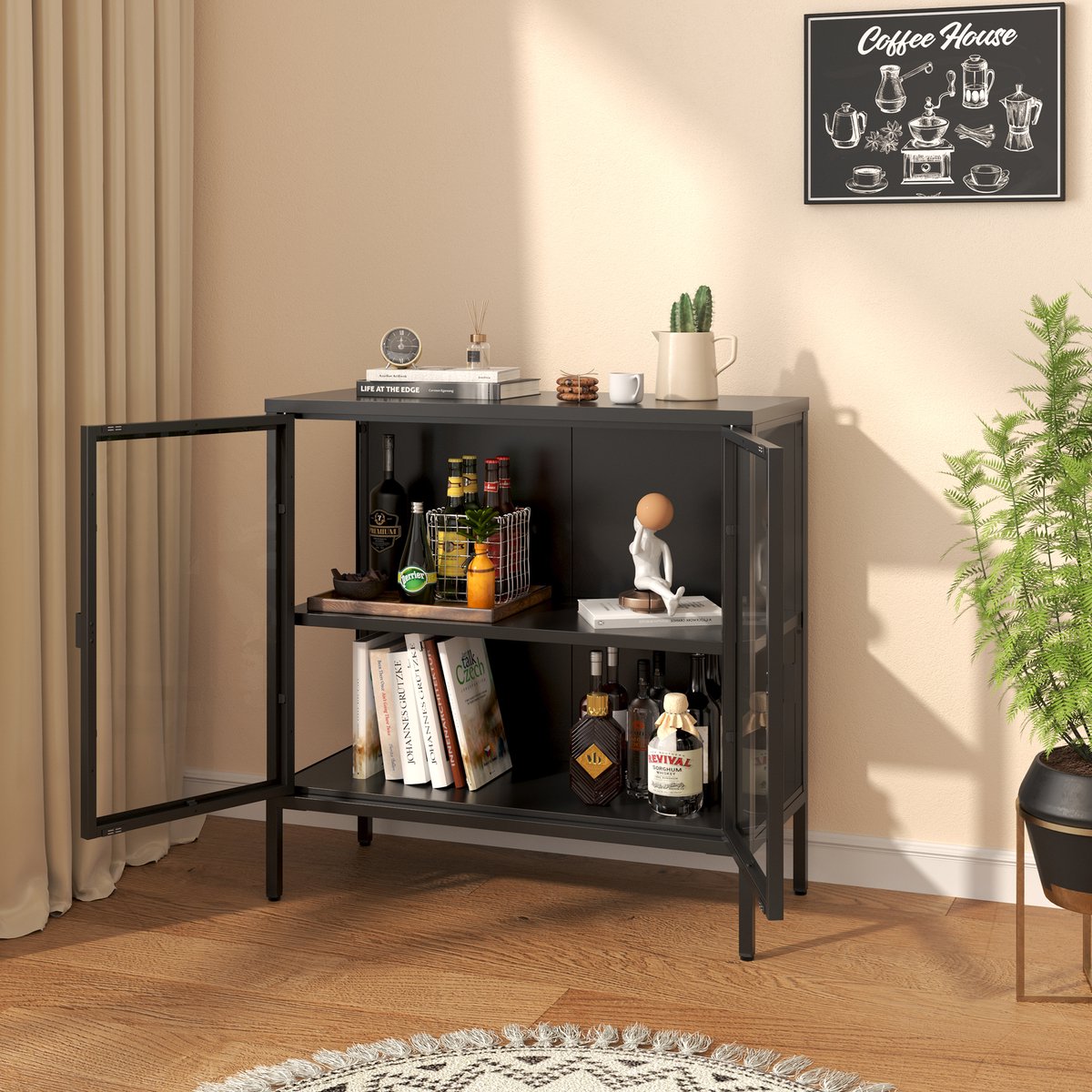Vitrinekast Borshavisa staal 80x80x35 cm zwart [en.casa]