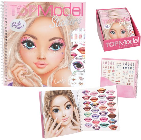 TOPModel stickers boek met blonde pop, glitters, stickers van ogen, lippen, snoep en juwelen.