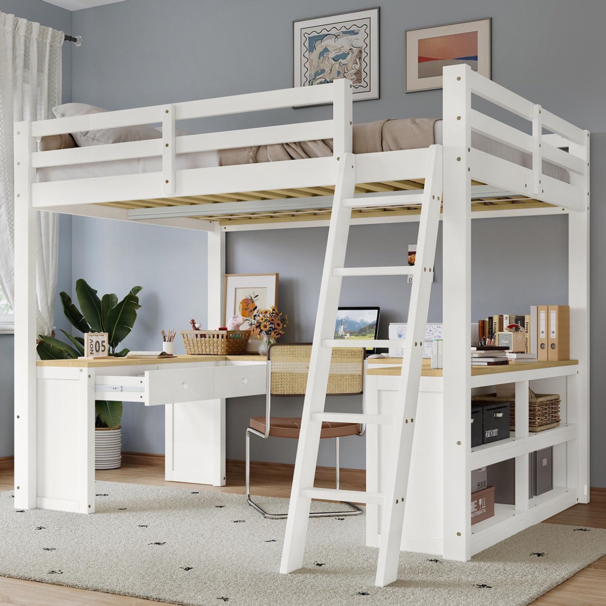 BLACKCOLORS Hoogslaper, kinderbed, lange U-vormige tafel, met twee lades en opbergplank, grenen + MDF + PB + multiplex, stabiele lattenbodems, wit + naturel, 140 x 200 cm