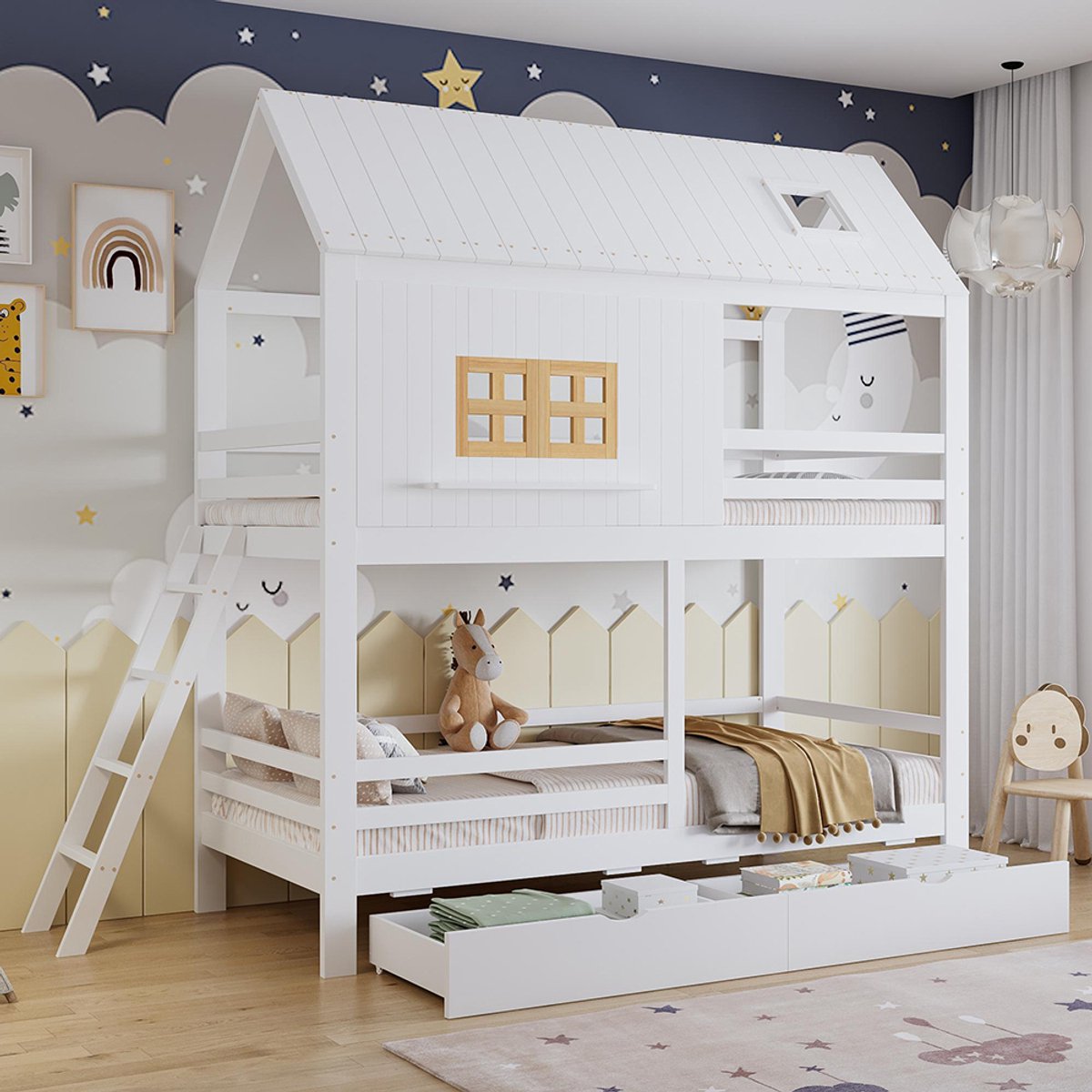 BLACKCOLORS Stapelbed, babybedje, met leuke raampjes en dak, stabiele lattenbodem en ladder, met twee grote lades. Dennenhout + MDF + multiplex, wit + naturel, 90 x 200 cm