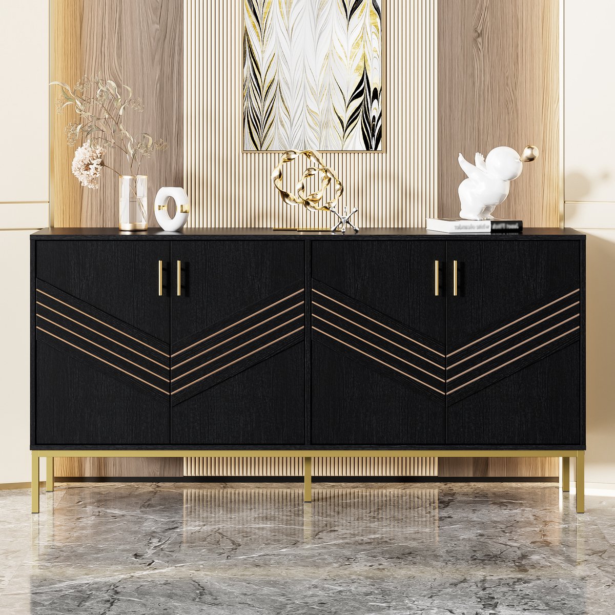 Clruro Sideboard - 4 Deuren - Zwart & Goud - MDF Korpus - Metalen Poten - Verstelbare Regalen - Grote Capaciteit - Opslag voor Woonkamer, Eetkamer & Hal Zwart,Hout