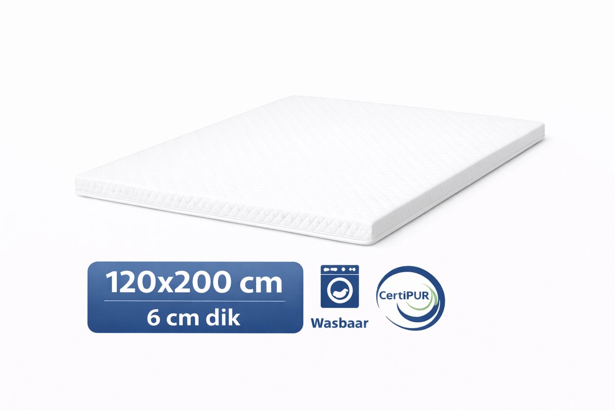 Kikishop Topdekmatras 120x200 – 6 cm HR Koudschuim – Afritsbaar & Wasbaar – CertiPUR® Gecertificeerd – Medium Hardheid – Comfort Matrastopper