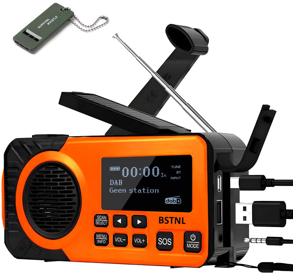 BSTNL Noodradio - DAB+/FM - Solar Opwindbaar en Batterij - 2026 Editie - Powerbank - Draagbare Radio - Noodpakket - Zaklamp - Noodfluit - Opladen en op Batterijen - Bluetooth - Oranje