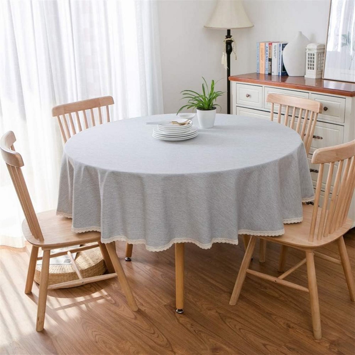Rond Tafelkleed Katoen Linnen Donkergrijs 90 cm - Afwasbaar met Kantrand