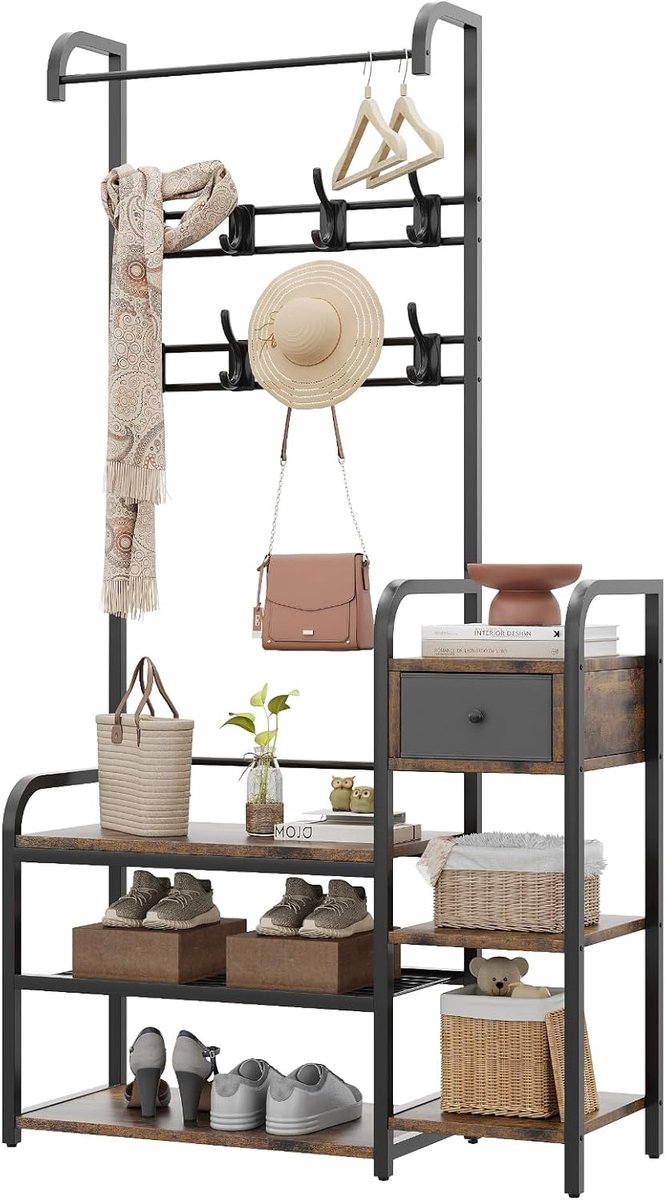 5‑in‑1 kapstok met schoenenrek en bank – Industrieel halmeubel met lade & 8 haken, rustiek bruin, 88 x 30 x 176 cm