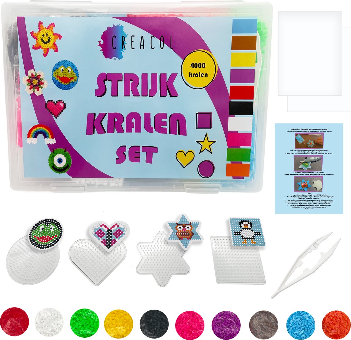 Creacol Strijkkralen set- 10 Kleuren - 4.000 Kralen 5mm - Inclusief Grondplaten en Strijkvellen