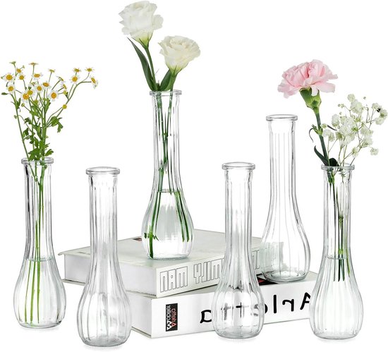 Glazen Vaasjes voor Bloemen - Bruiloft Decoratie - Decoratieve Vaas - Klein Vaasje - Party Tafeldecoratie - Heldere Geribbelde Vaas - Huiskamer Accessoire - 6 Stuks - 21,7cm Hoog - Geschikt voor Bloemen - Transparant Kleur