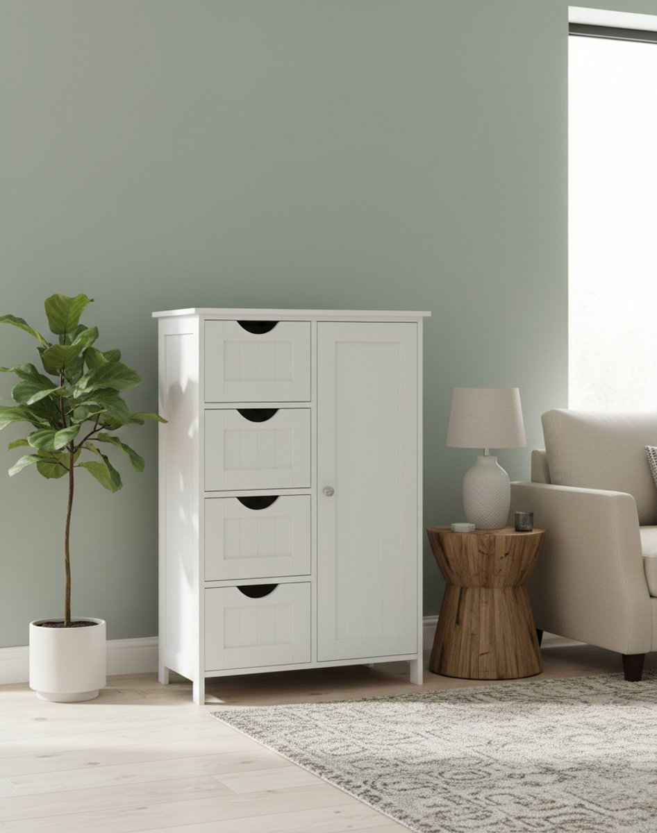 Badkamerkast met Laden en Deur – Wit Houten Opbergmeubel met Verstelbare Plank voor Badkamer, Woonkamer, Hal – Diep Staand – House&Garden