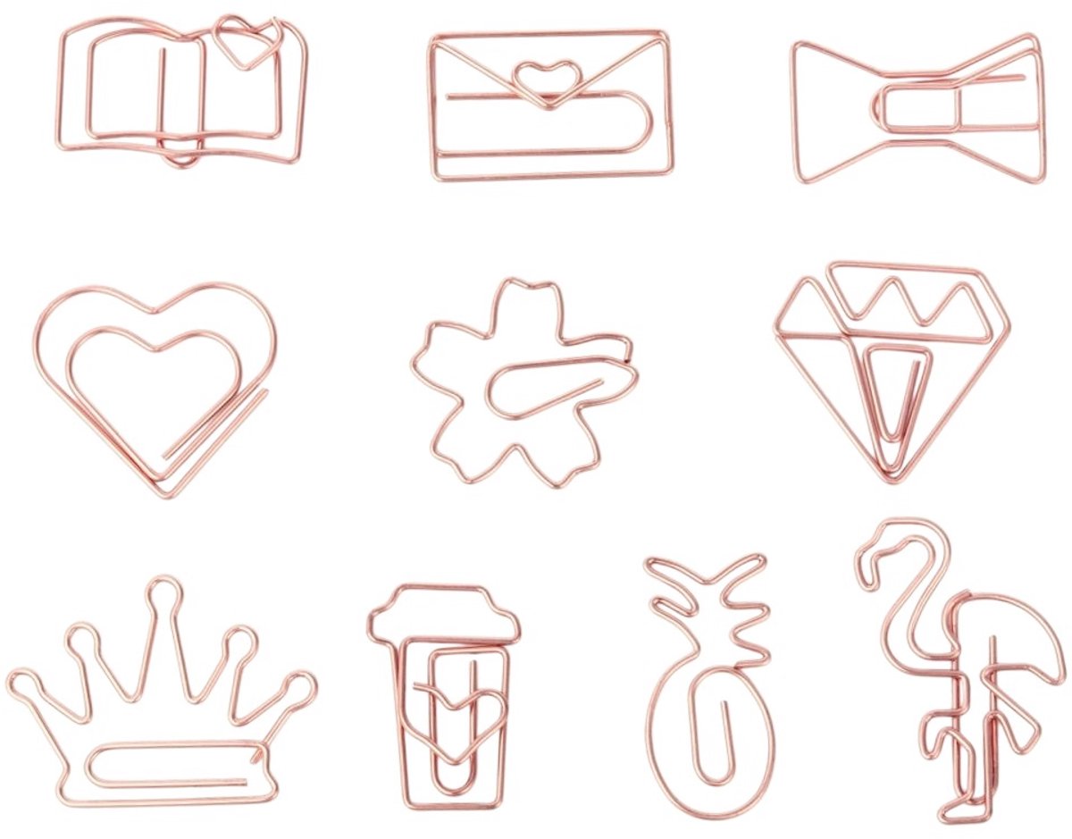 Fako Bijoux - 20x Paperclip Figuur - Rosé Goudkleurige Paperclips - 10 Verschillende Modellen - Paperclip - Papierklem - Cadeauverpakking - Trouwen - Geboorte - 20 Stuks