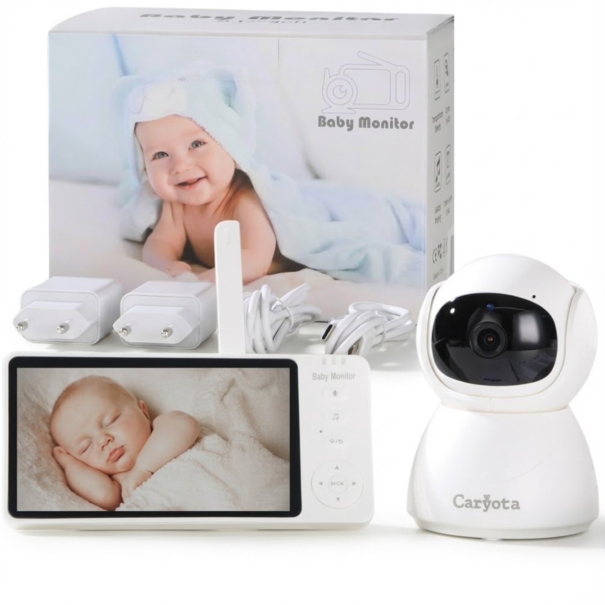 Caryota Babyfoon met Bestuurbare Camera - Baby Monitor - Nachtvisie - Zoom - Slaapliedjes - Wekker - Spraakverbinding - 300m Bereik - 2 USB-C Opladers