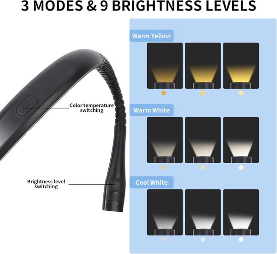 1 stuk - Neklamp - Leeslamp - Boeklamp - Leeslamp met drie kleuren en negen helderheidsniveaus - Flexibele neklamp - Oplaadbaar - Compact en draagbaar - Geschikt om te lezen in bed, te breien of te kamperen - Zwart - 20,3*17,8*2,3 cm van Merkloos — afbeelding 4