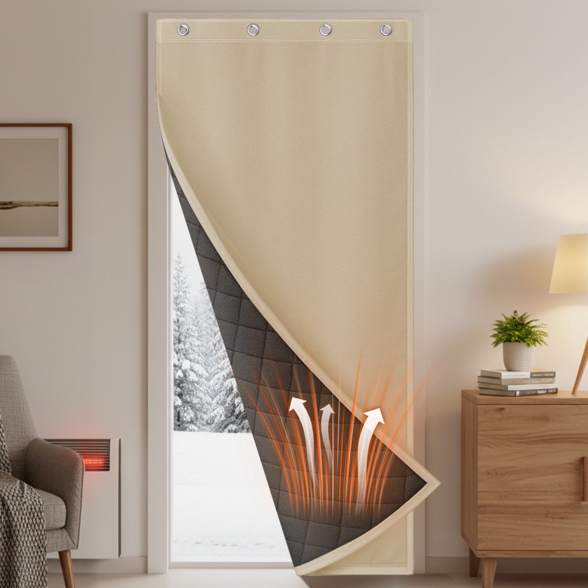 Qelus Warmtewerend Deurgordijn - Stevig en Robuust Isolerend Gordijn, Water - en Winddicht, Geluidsreducerend, Zelfklevend, Geschikt voor Thuis, Winkel of Restaurant - 1 Stuk (Beige, B82 x H204cm)