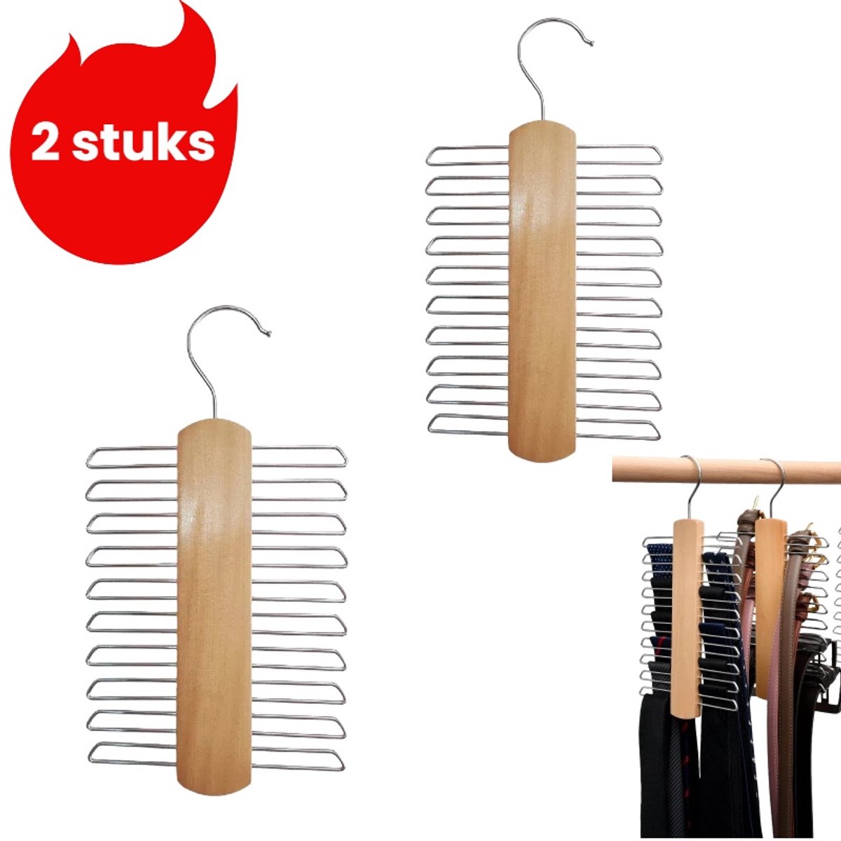 2 stuks - Multifunctionele leren stropdassenhanger - Stropdasdisplayrek - Houtkleur