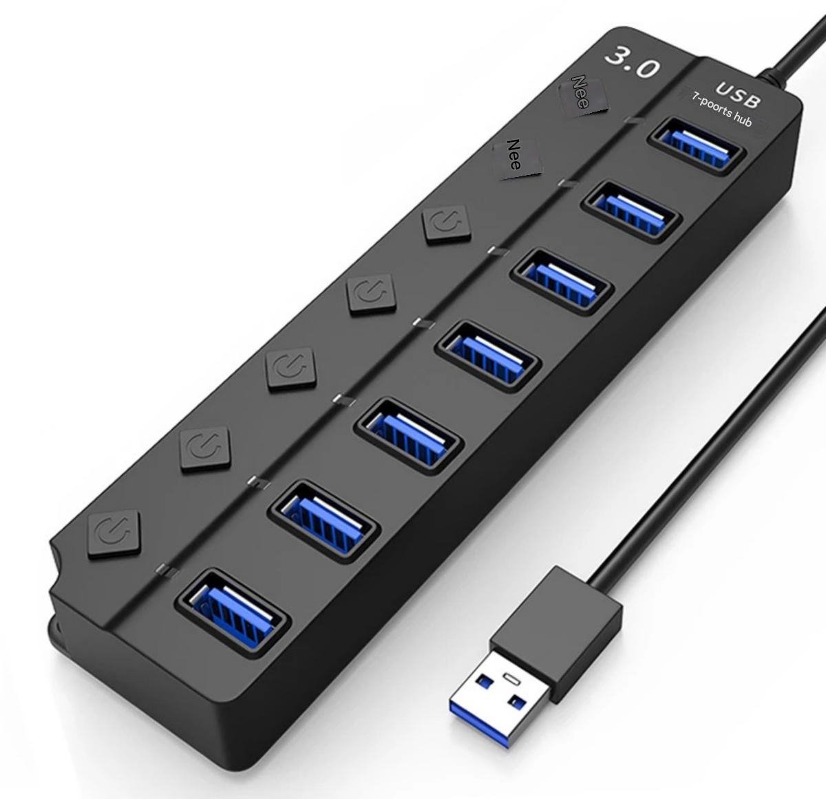 7-poorts USB 3.0-hub - USB-multiportadapter - USB-hub/splitter voor pc's, laptops, MacBooks, USB-flashdrives, externe harde schijven, enz. - Zwart