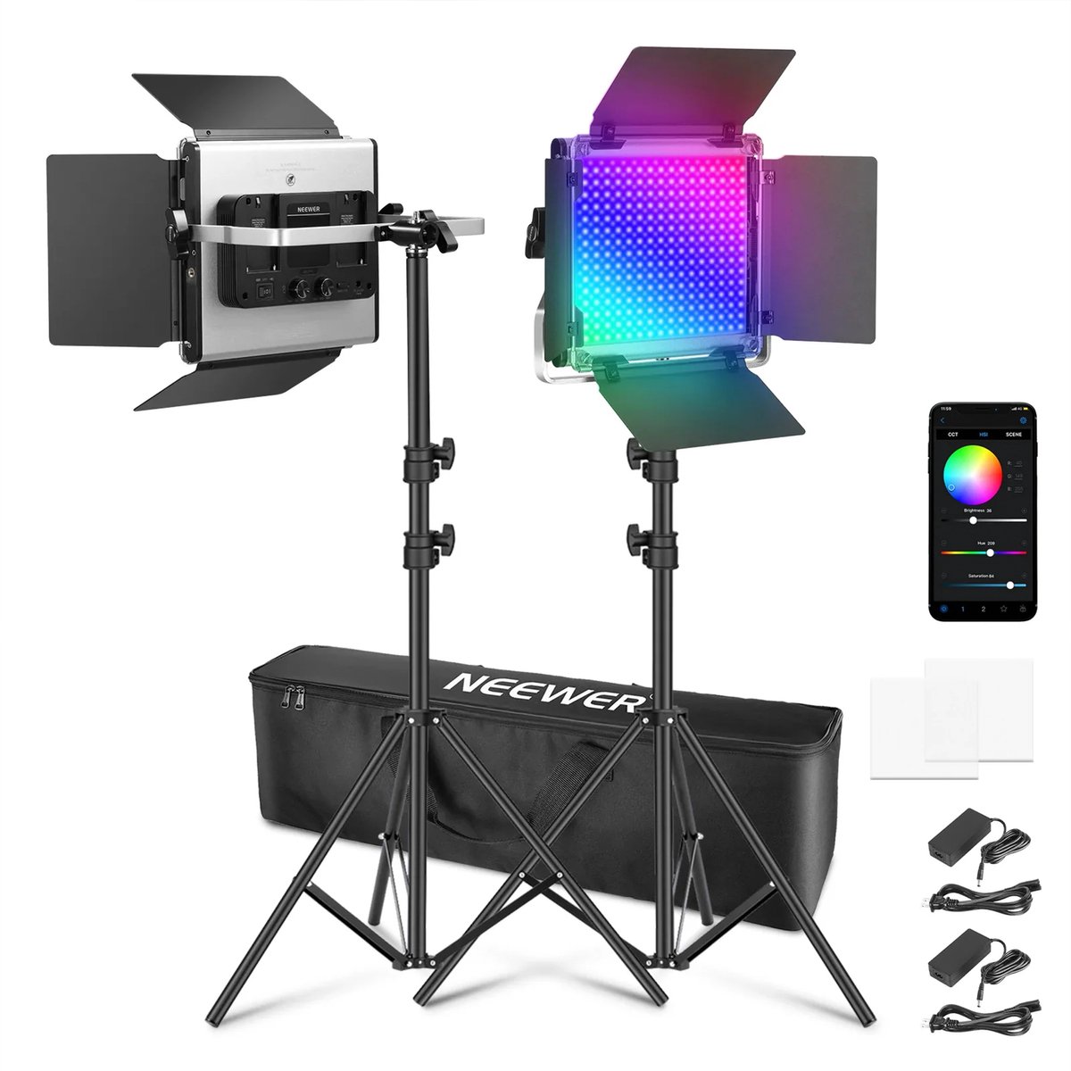 NEEWER 2 x 660 PRO RGB LED-videolamp met statiefset App-bediening 360° full colour videolamp 50 W dimbaar 3200~5600 K CRI97+ Studio continuverlichting Gaming/streaming/Zoom/YTB/Webex/fotografie
