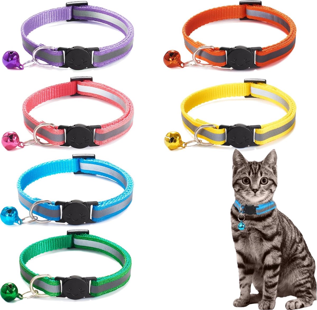 Daity Set van 6 - reflecterende kattenhalsbanden met belletjes - nylon halsbanden met veiligheidssluiting voor kittens - verstelbare halsbanden met schattige belletjes (breedte 1,0 cm, verstelbaar: 19-32 cm)