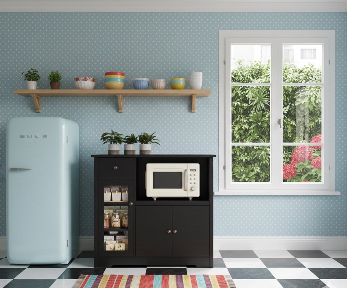 Keukenkast / Sideboard met Werkblad – 1 Lade, 3 Deuren, Verstelbare Planken en Magnetronvak – Moderne Opbergkast voor Keuken, Woonkamer of Eetkamer – Zwart – House&Garden