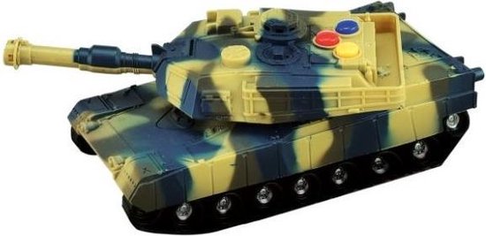 Speelgoedtank met camouflageprint in groen, geel en blauw. Rode, blauwe en gele knoppen op de toren.
