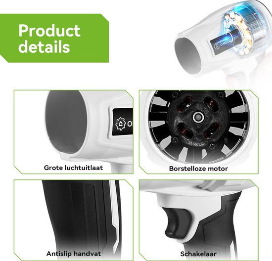 ONEGREEN Accu Bladblazer - 160 m/s Accuventilator - met 2 x Accu's - blaaskracht 1,2 kg - Borstelloze Motor - Draagbare Turbo Geblazen Lucht - voor camping, tuin, gazononderhoud en werkplaats van OneGreen — afbeelding 5