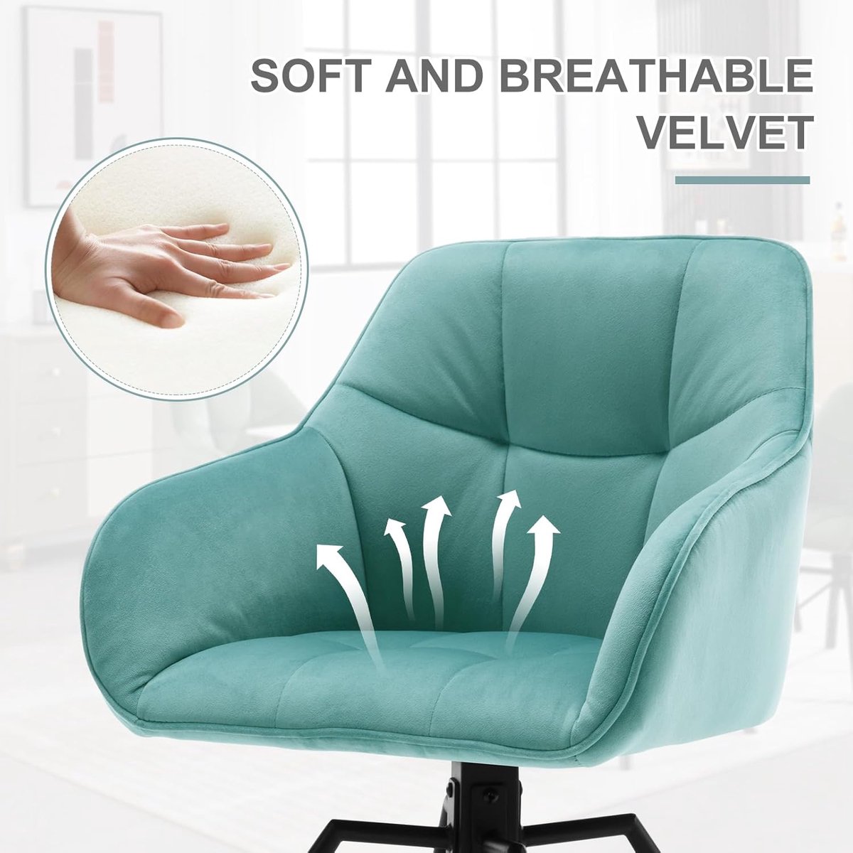 Eetkamerstoelen Set van 6 Draaibaar – Novihome “VeluroWave” Luxe Fluwelen Stoelen met Armleuningen & Ergonomische Rugleuning – Comfortabele Turquoise Keukenstoelen – 360° Draaibare Stoelen voor Eetkamer & Woonkamer