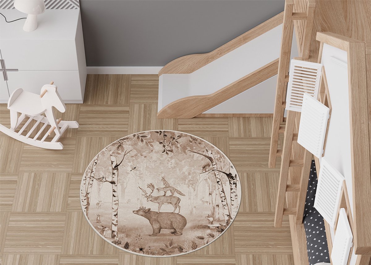 Vloerkleed Bear King brown Kikki Belle-kinderkamer-bosdieren-beer-hert-vos-konijn-kinderkameraccessoires-stoffen kleed-rond-100cm